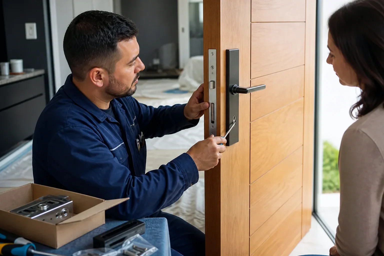 Chaveiro em Cachoeiro de Itapemirim instalando uma nova fechadura em uma porta.