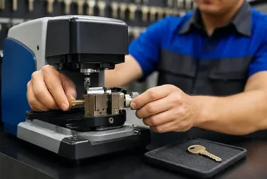 Chaveiro em Cachoeiro de Itapemirim operando uma máquina de cópia de chaves.