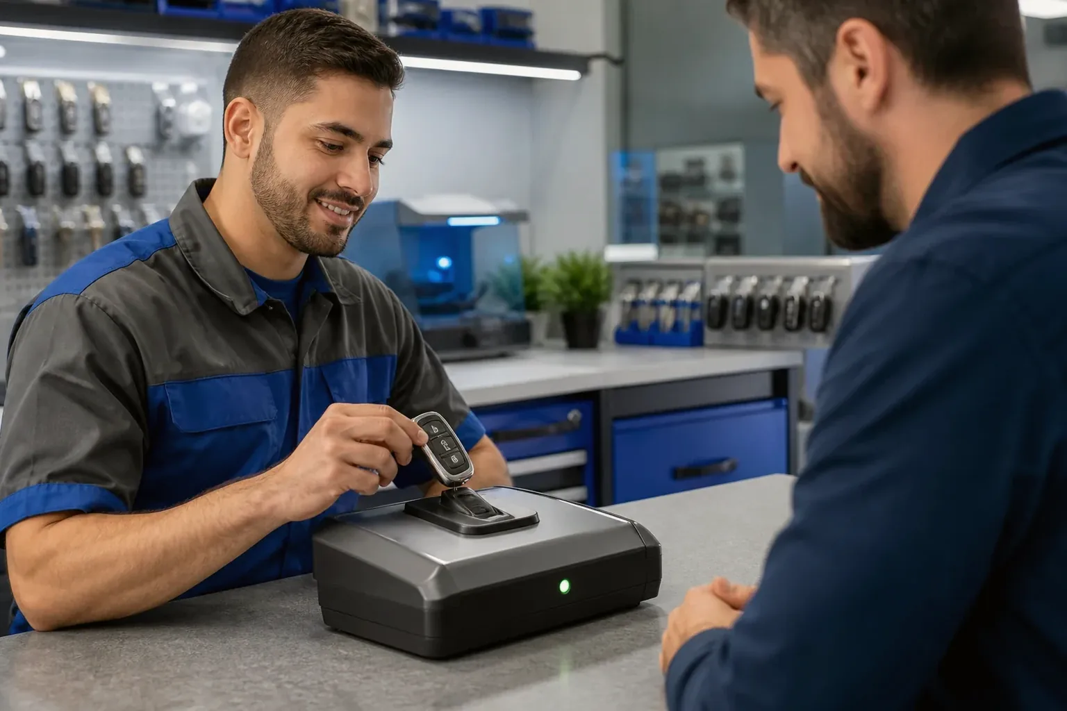 Chaveiro em Cachoeiro de Itapemirim programando um controle remoto de automóvel.