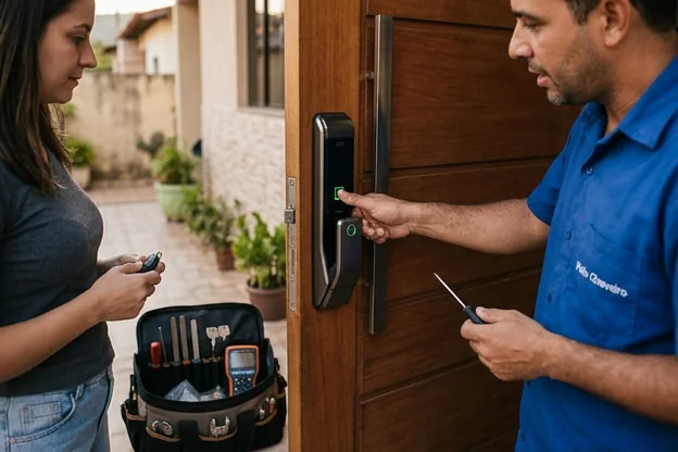Fechadura digital instalada em uma porta de Cachoeiro de Itapemirim ao ser acionada.